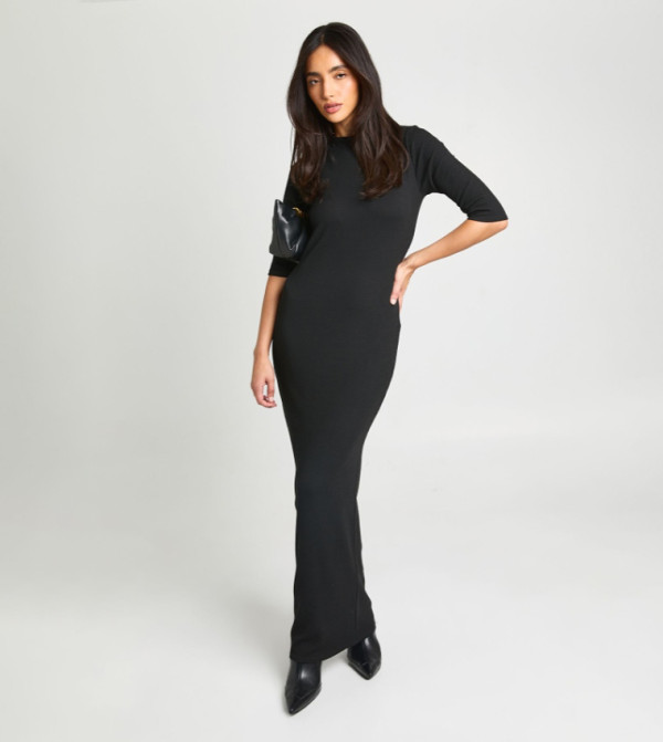 Ribbed 3/4 Sleeves Maxi Dress