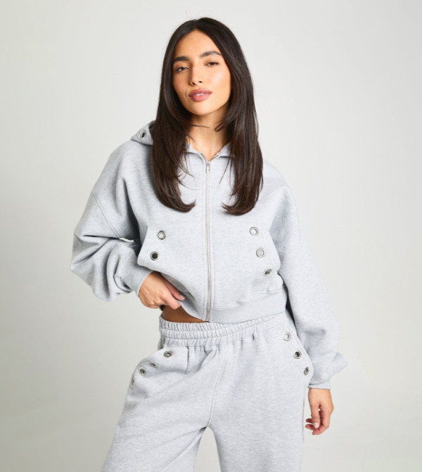 Eyelet Detail Boxy Fit Zip-Through Hooded Jacket