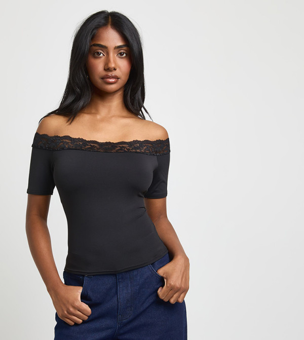 Bardot Lace Trim Short Sleeves Top