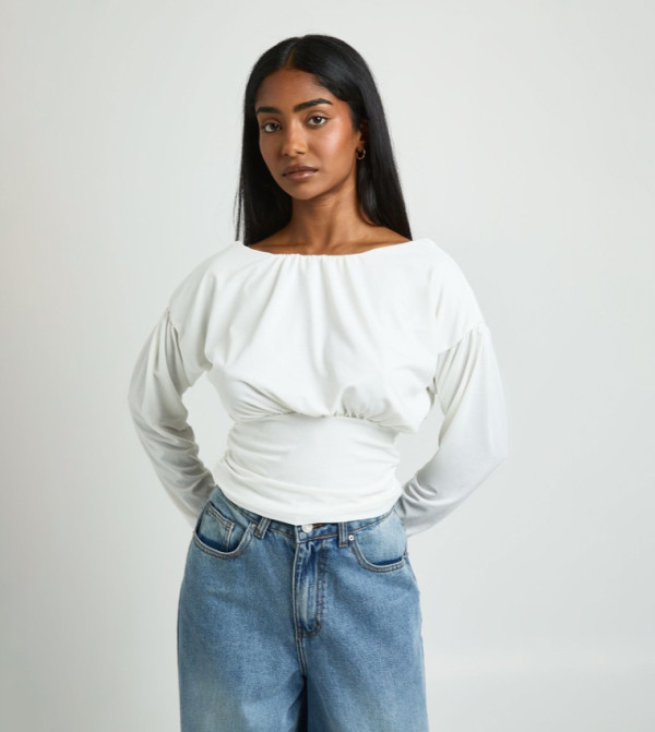 Textured Ruched Low Back Long Sleeves Top