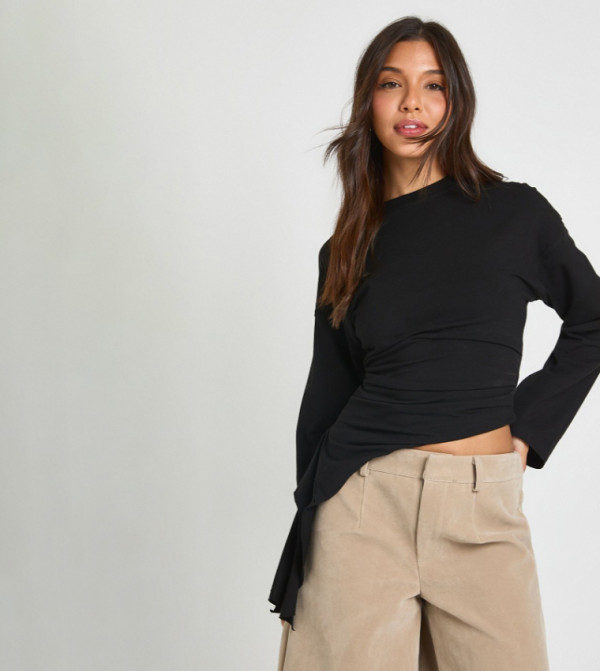 Long Sleeves Asym Drape Hem T-Shirt