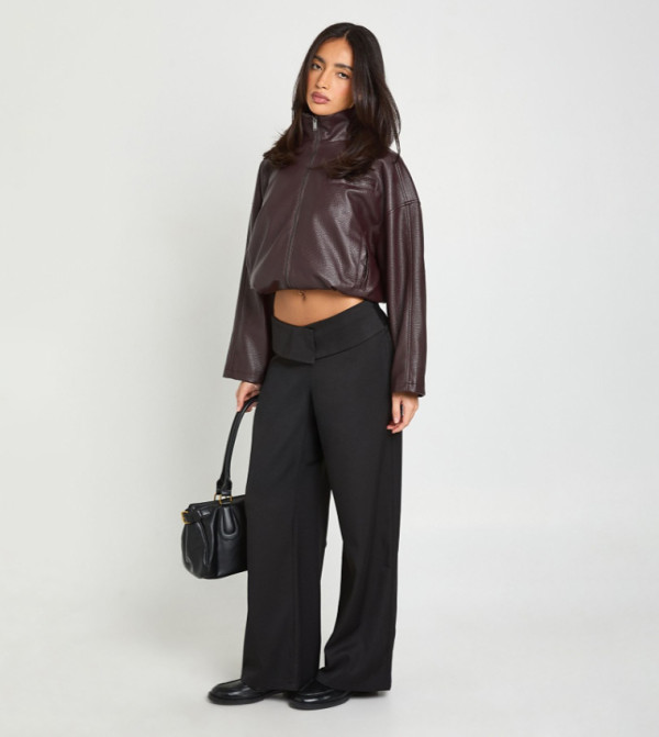 Foldover Waist Slim Wide Leg Trousers