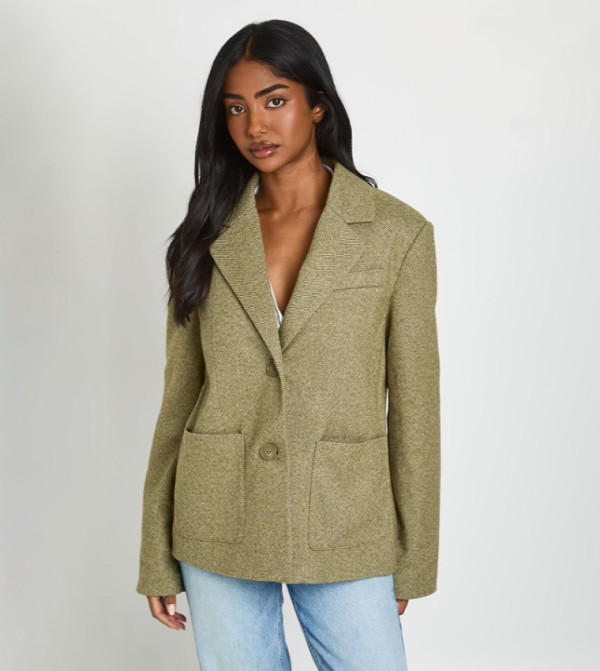 Herringbone Pocket Detail Oversized Blazer
