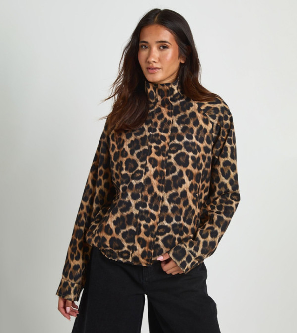 Leopard Patterned High Neck Jacket