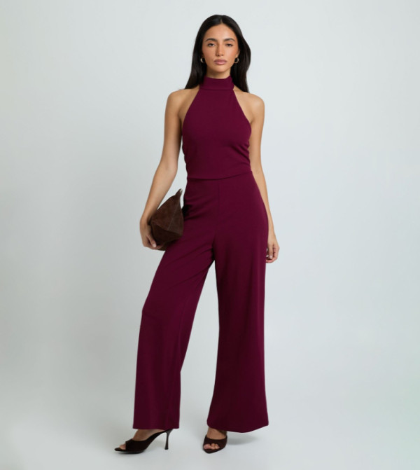 Jersey Crepe Tie Neck Wide Leg Jumpsuit
