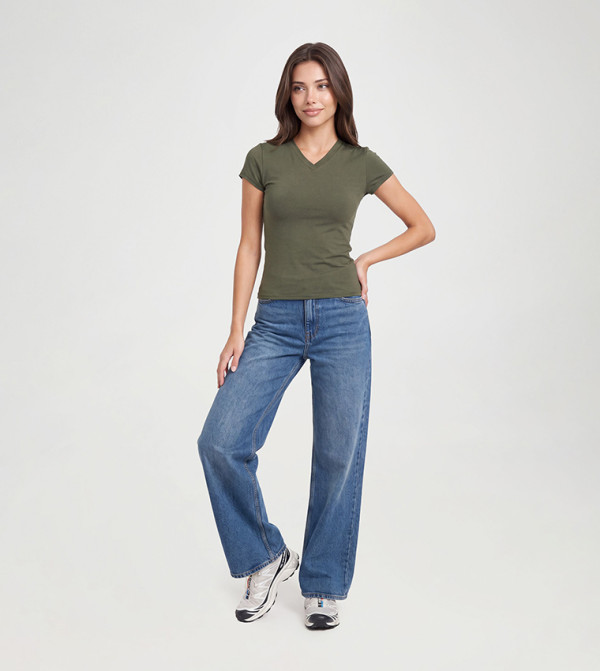 Matte Slinky V-Neck Short Sleeves T-Shirt
