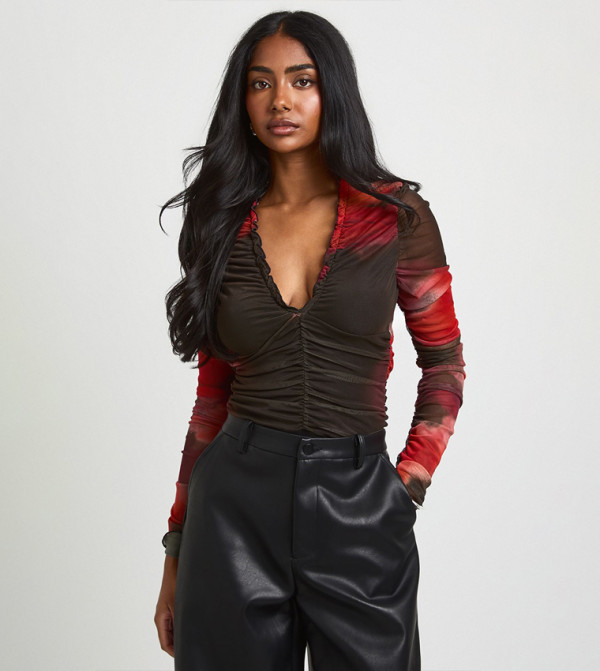 Floral Printed Mesh Ruched V-Neck Bodysuit Top