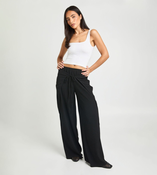 Textured Tie Front Wide Leg Trousers