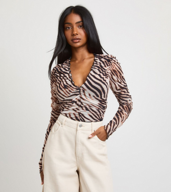 Tonal Zebra Printed Mesh Ruched Long Sleeves Bodysuit Top