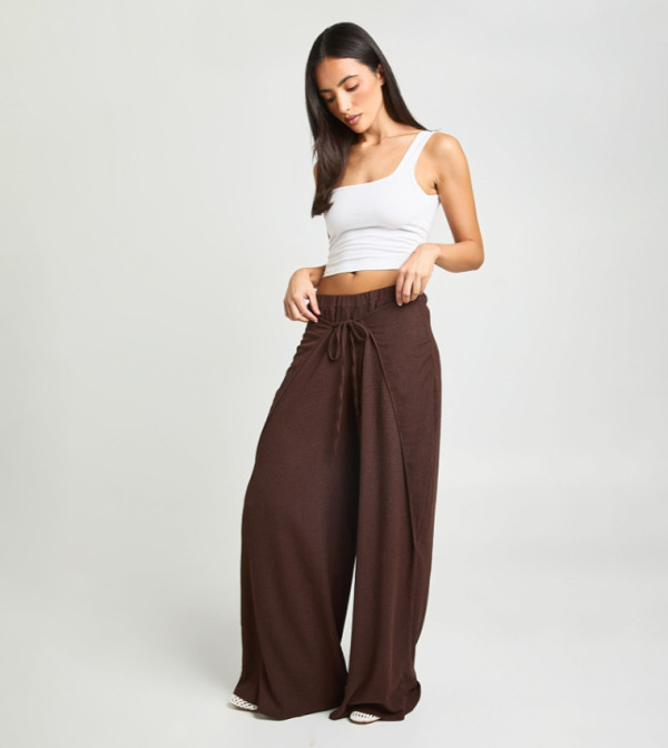 Textured Tie Front Wide Leg Trousers