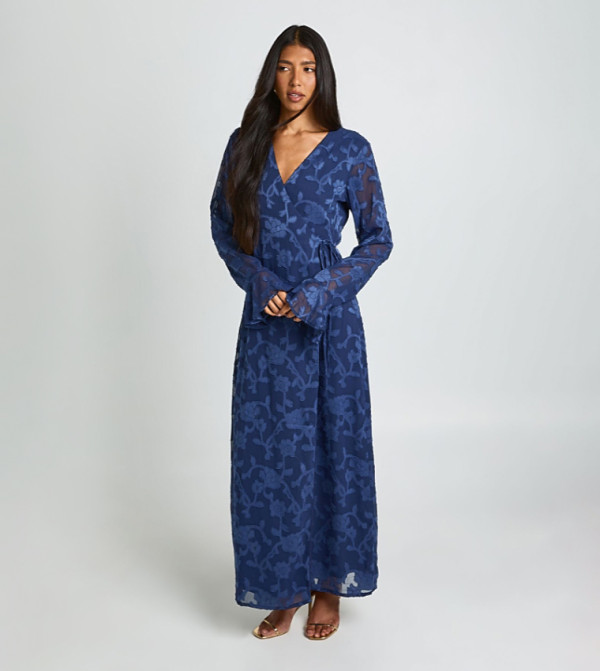 Tall Burnout Floral Ruffle Wrap Dress