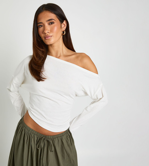 Asym Neck Thick Binding Long Sleeves Top