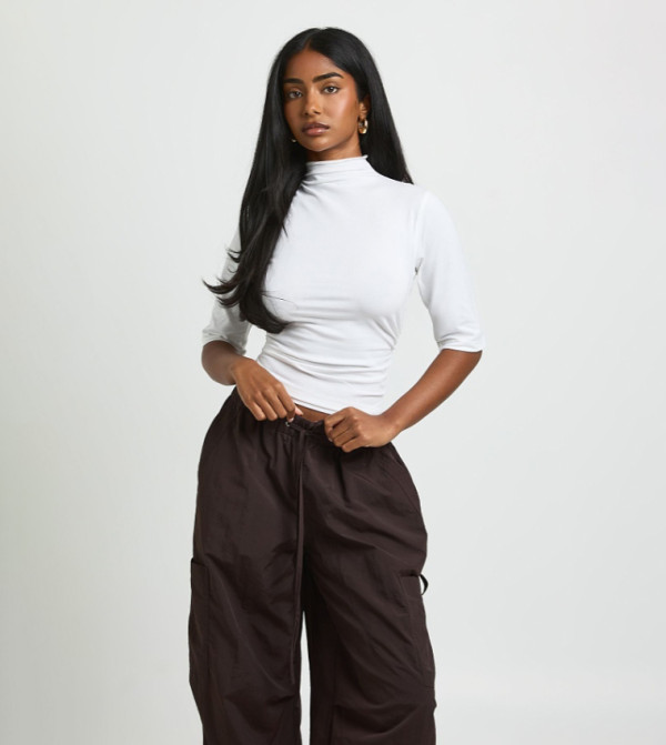 Solid High Neck Short Sleeves Top