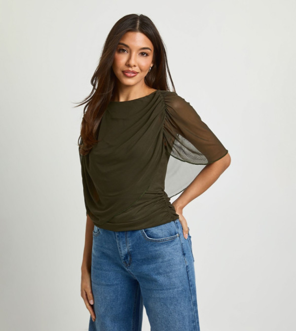 Ruched Mesh Cape Overlay Top