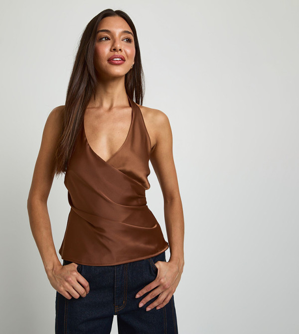 Solid Satin Halterneck Wrap Top