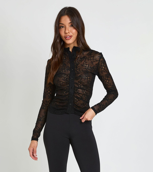 Hotfix Lace Button Through Ruched Top