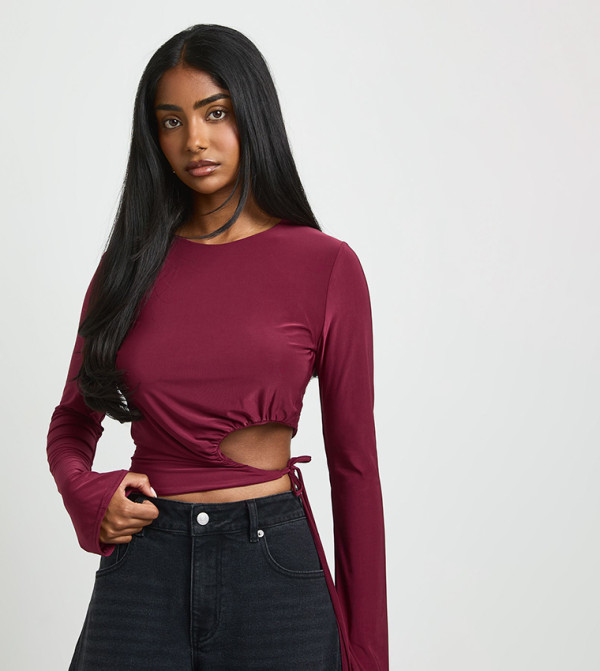 Tie Waist Cut-Out Long Sleeves Crop Top