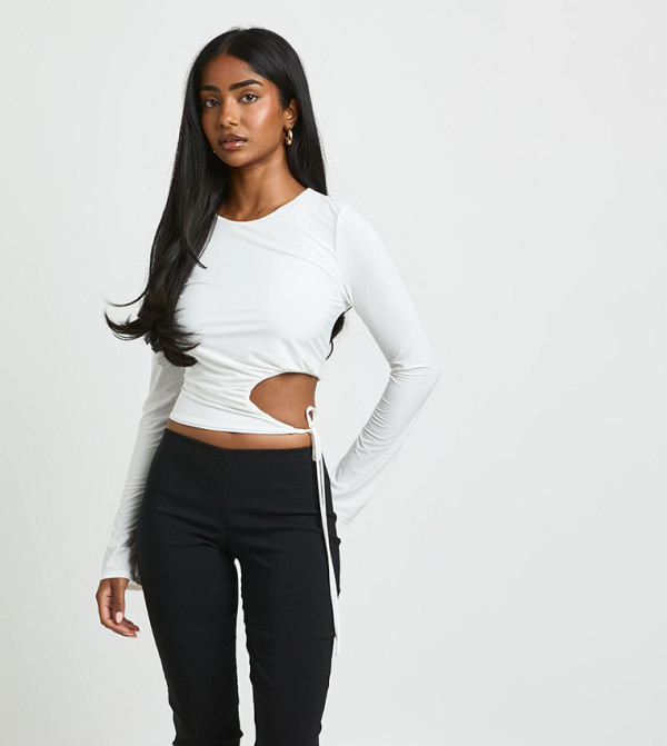 Tie Waist Cut-Out Long Sleeves Crop Top