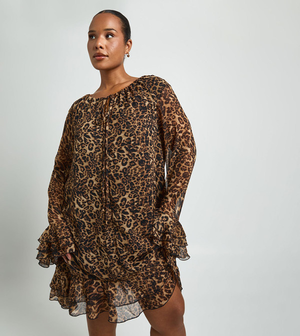 Curve Leopard Patterned Chiffon Mini Dress