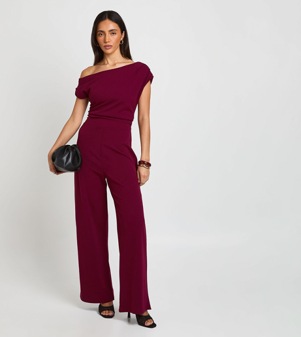 Crepe Drape Shoulder Wide Leg Jumpsuit
