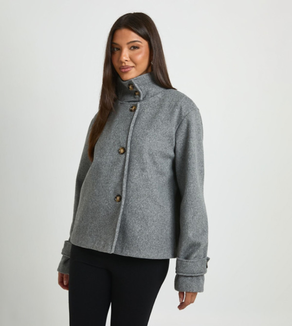High Neck Button Through Wool Look Jacket