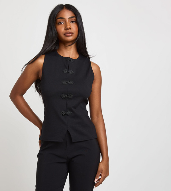 Mock Frog Clasps Compact Stretch Sleeveless Top