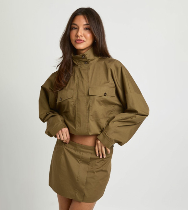 Cotton High Neck Funnel Zip-Up Jacket