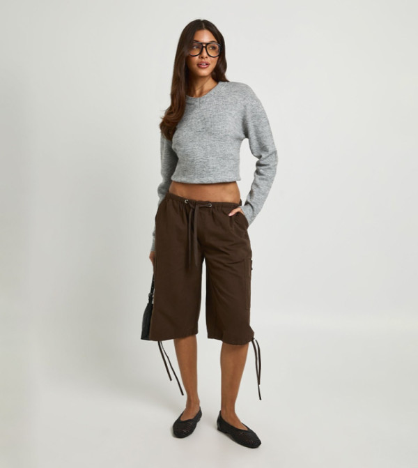 Drawstring Waist Twill Cargo Shorts