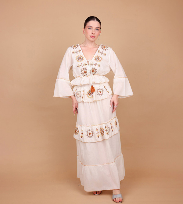 ZAHRA Embellished Long Sleeves Tiered Maxi Dress