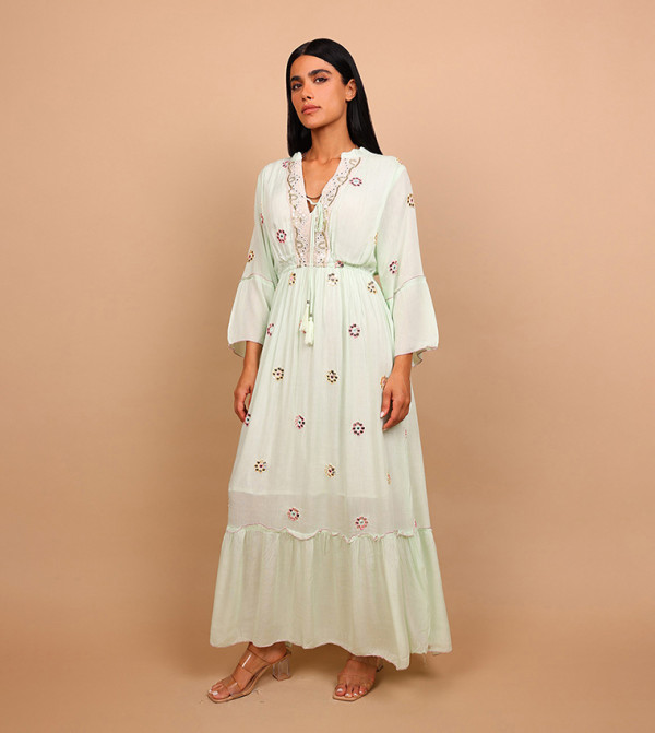 RANIA Embellished V-Neck Bell Sleeves Tiered Maxi Dress