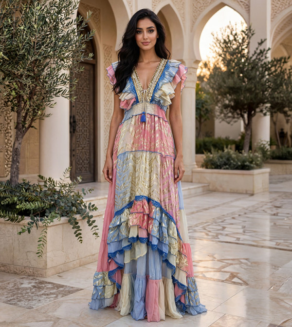 Metallic V-Neck Tiered Maxi Jalabiya