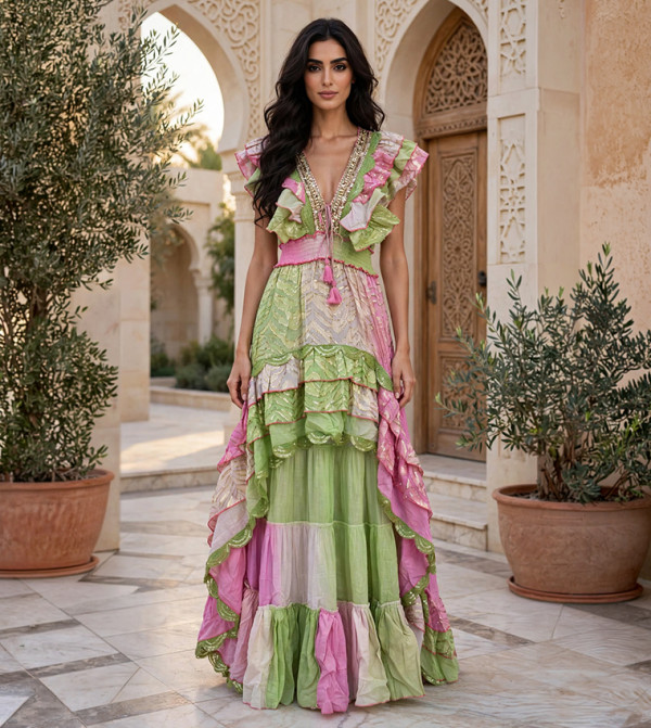 Metallic V-Neck Tiered Maxi Jalabiya