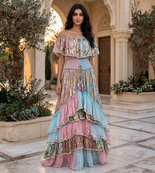 Off Shoulder Metallic Tiered Maxi Jalabiya