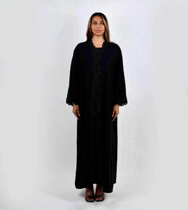 Embellished Lace Trim Open Front Maxi Abaya