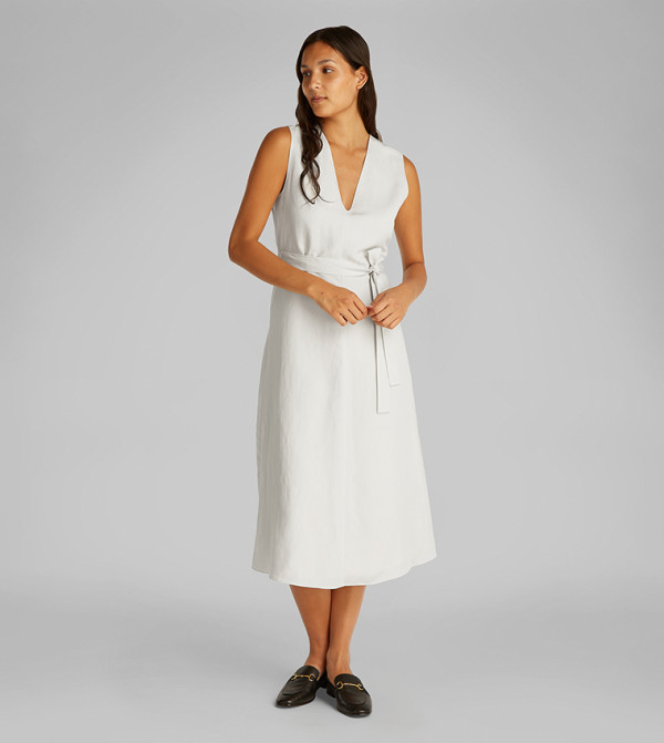 Solid V Neck Belted Midi Dress