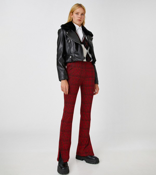 Slit Detail Plaid Trousers