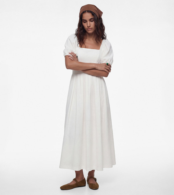 Solid Balloon Sleeves Midi Dress