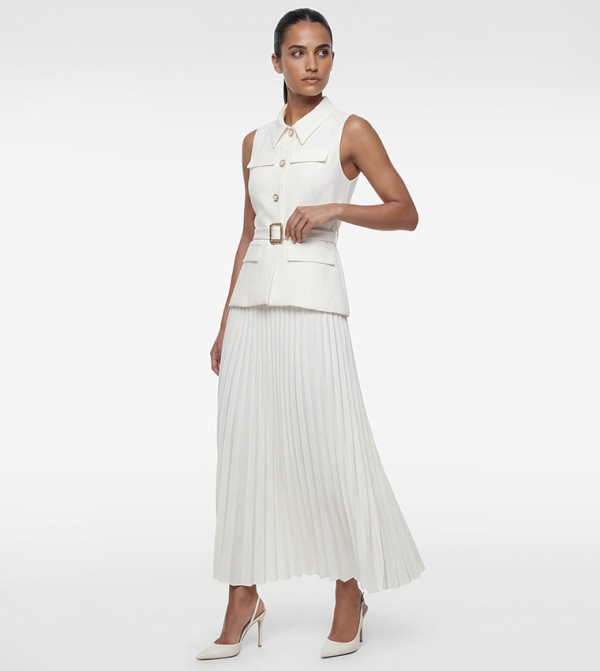 Belted Collared Sleeveless Pleated Midi Dress
