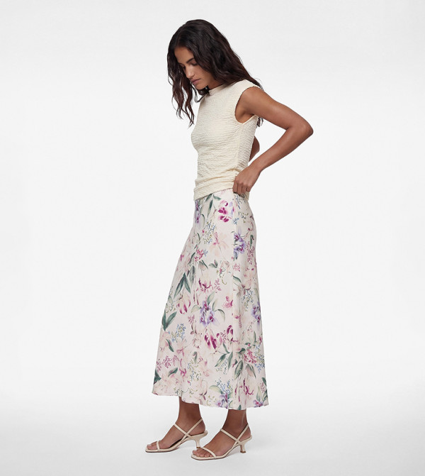 Floral Print Elastic Waist Satin Skirt