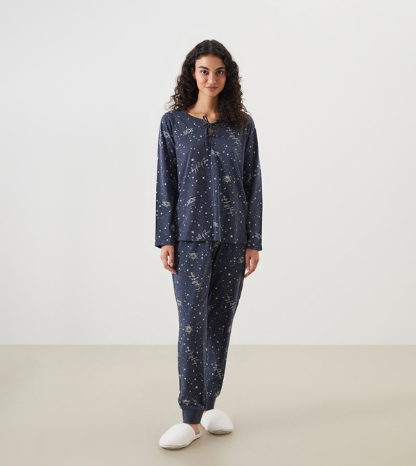 Printed Tie Neck Long Sleeves Pajama Set