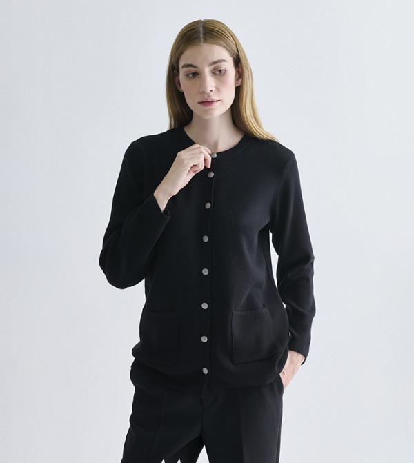 Solid Crew Neck Knit Cardigan