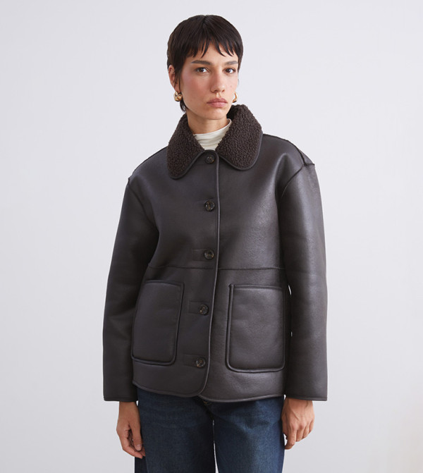 Pocket Front Plush Shirt Collared Faux Leather Coat