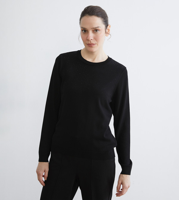 Rhinestone Embellished Crew Neck Knit Sweater