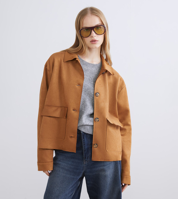 Textured Collared Faux Suede Jacket
