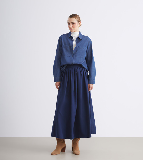 Solid Pleated Woven Midi Skirt