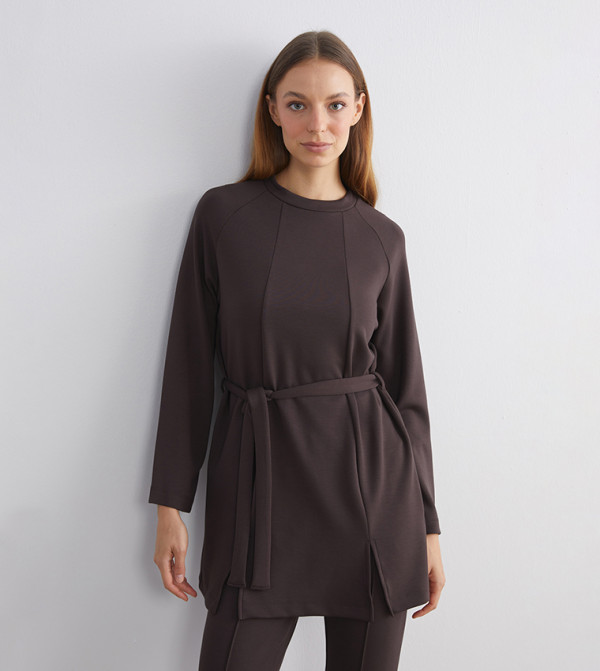 Solid Long Sleeves Belted Tunic