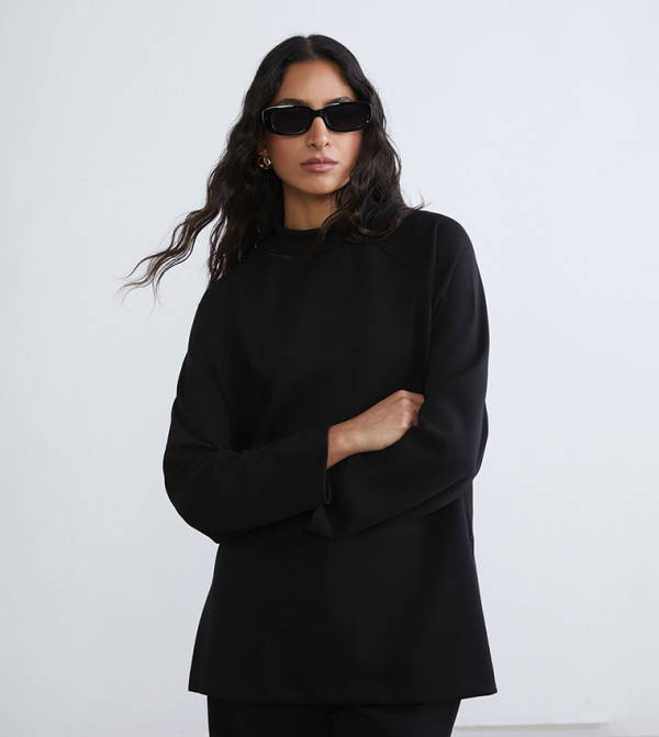Solid High Neck Oversized Sweatshirt Tunic