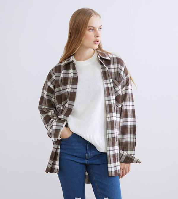 Plaid Long Sleeves Oversized Shirt Tunic