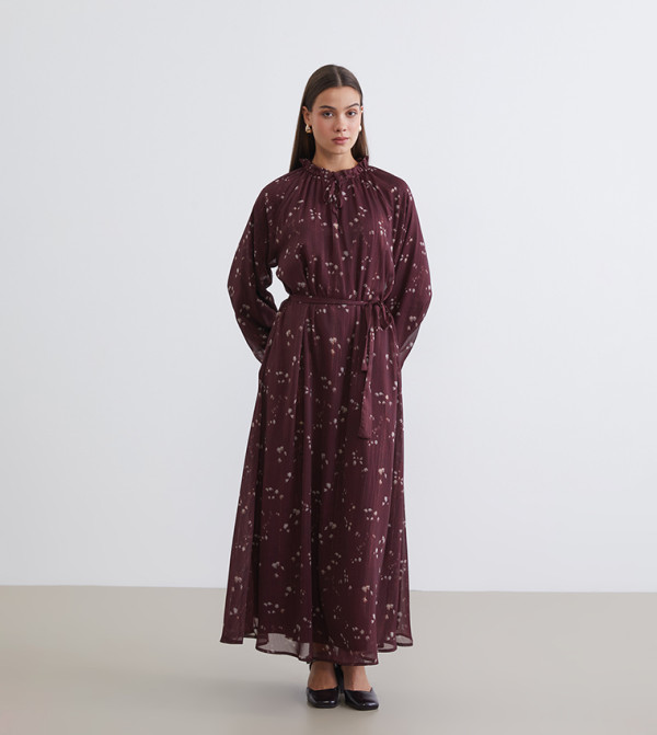 Patterned Fitted Waist Chiffon Maxi Dress