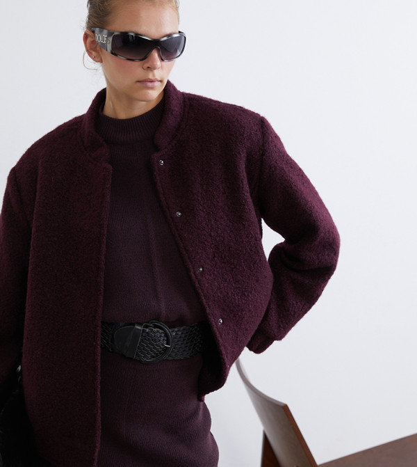 Textured Stand Collar Teddy Jacket